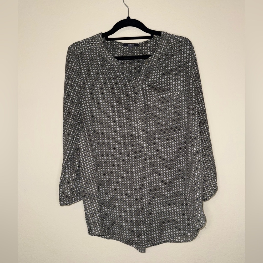 NYDJ Black and White Geometric Pintuck Blouse